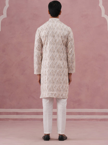 Peach Geometric Print & Sequin Kurta Set