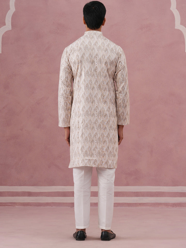 Peach Geometric Print &amp; Sequin Kurta Set