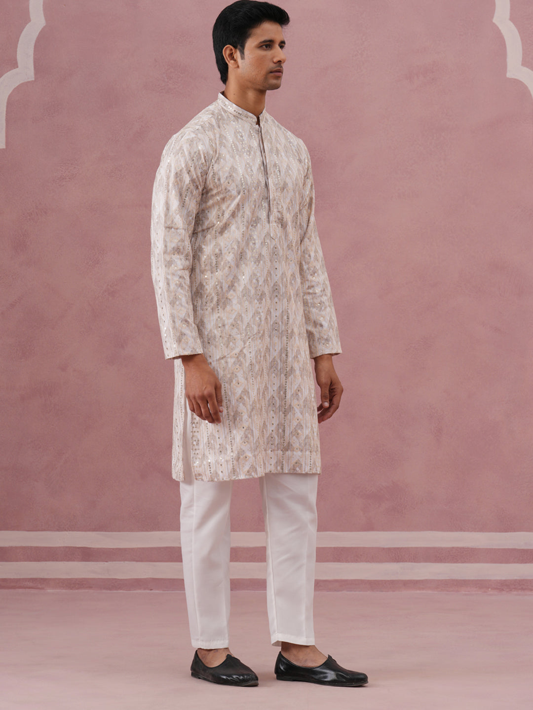 Peach Geometric Print &amp; Sequin Kurta Set
