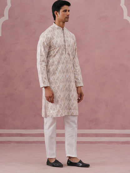 Peach Geometric Print & Sequin Kurta Set