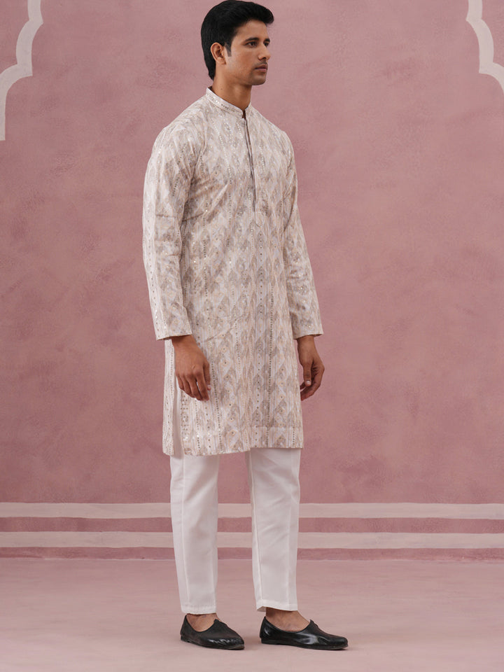 Peach Geometric Print &amp; Sequin Kurta Set