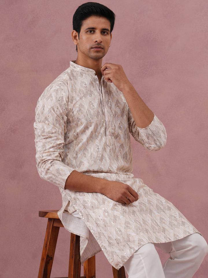 Peach Geometric Print &amp; Sequin Kurta Set