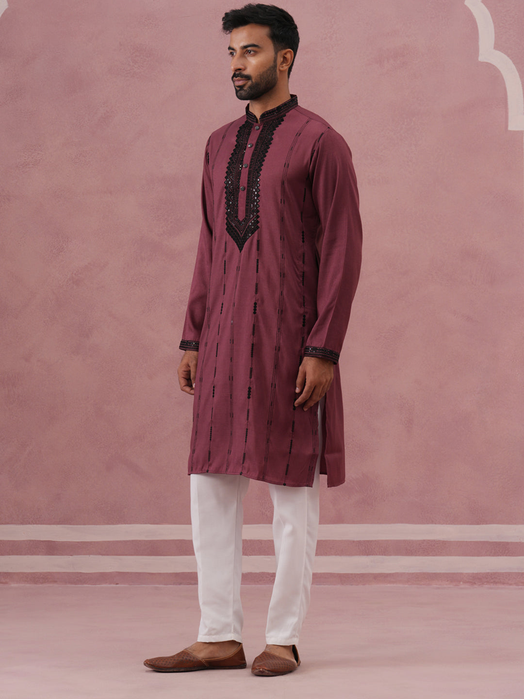 Wine Silk Blend Kurta Set With Black Geometric Embroidery