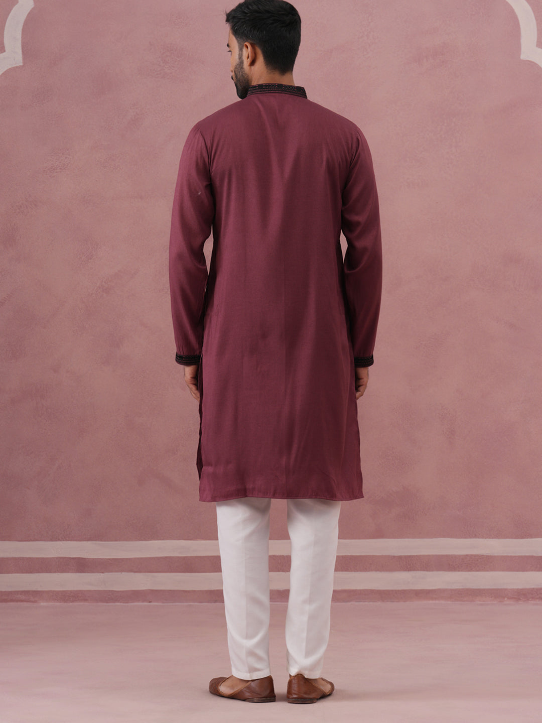 Wine Silk Blend Kurta Set With Black Geometric Embroidery