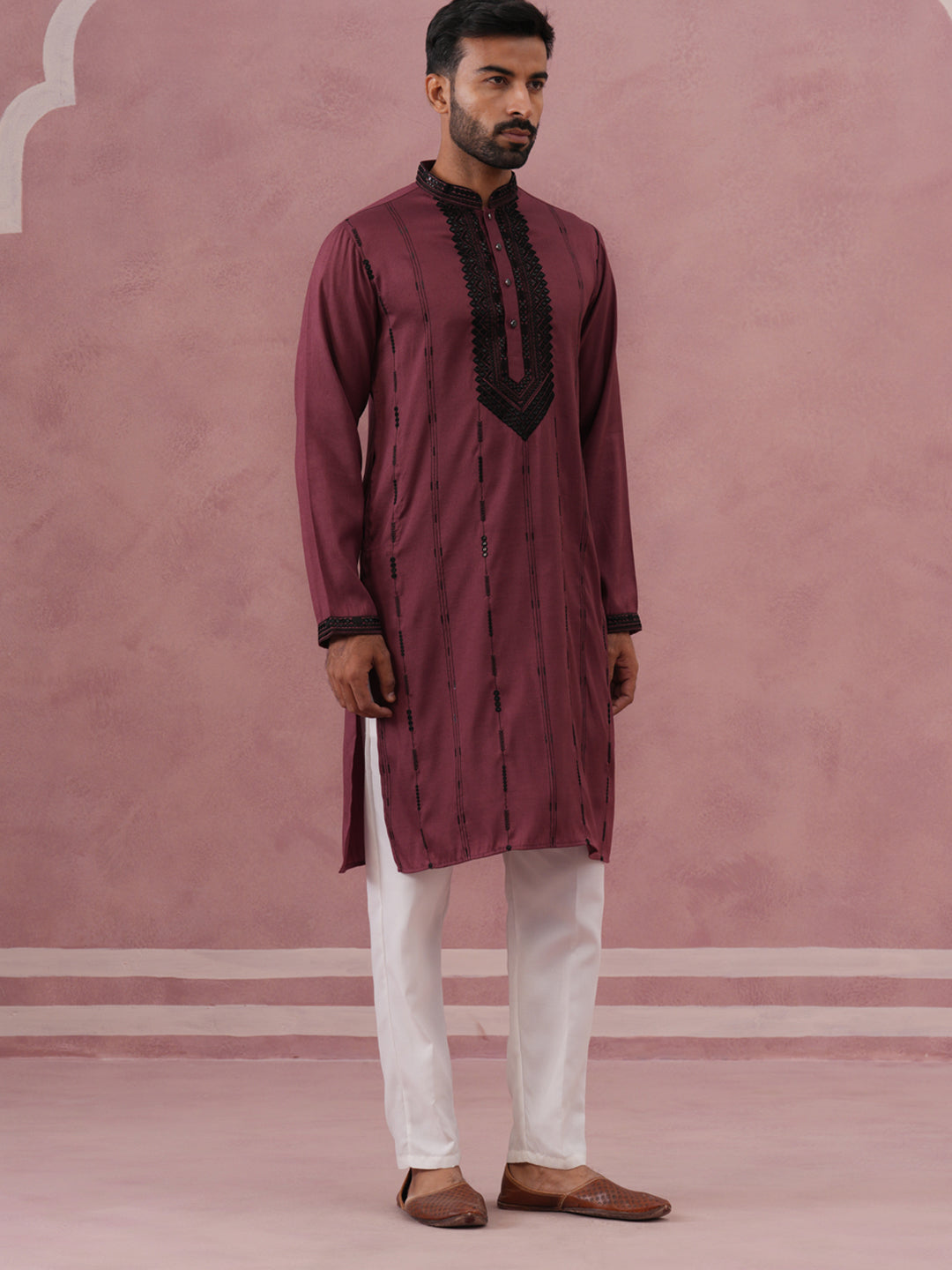 Wine Silk Blend Kurta Set With Black Geometric Embroidery