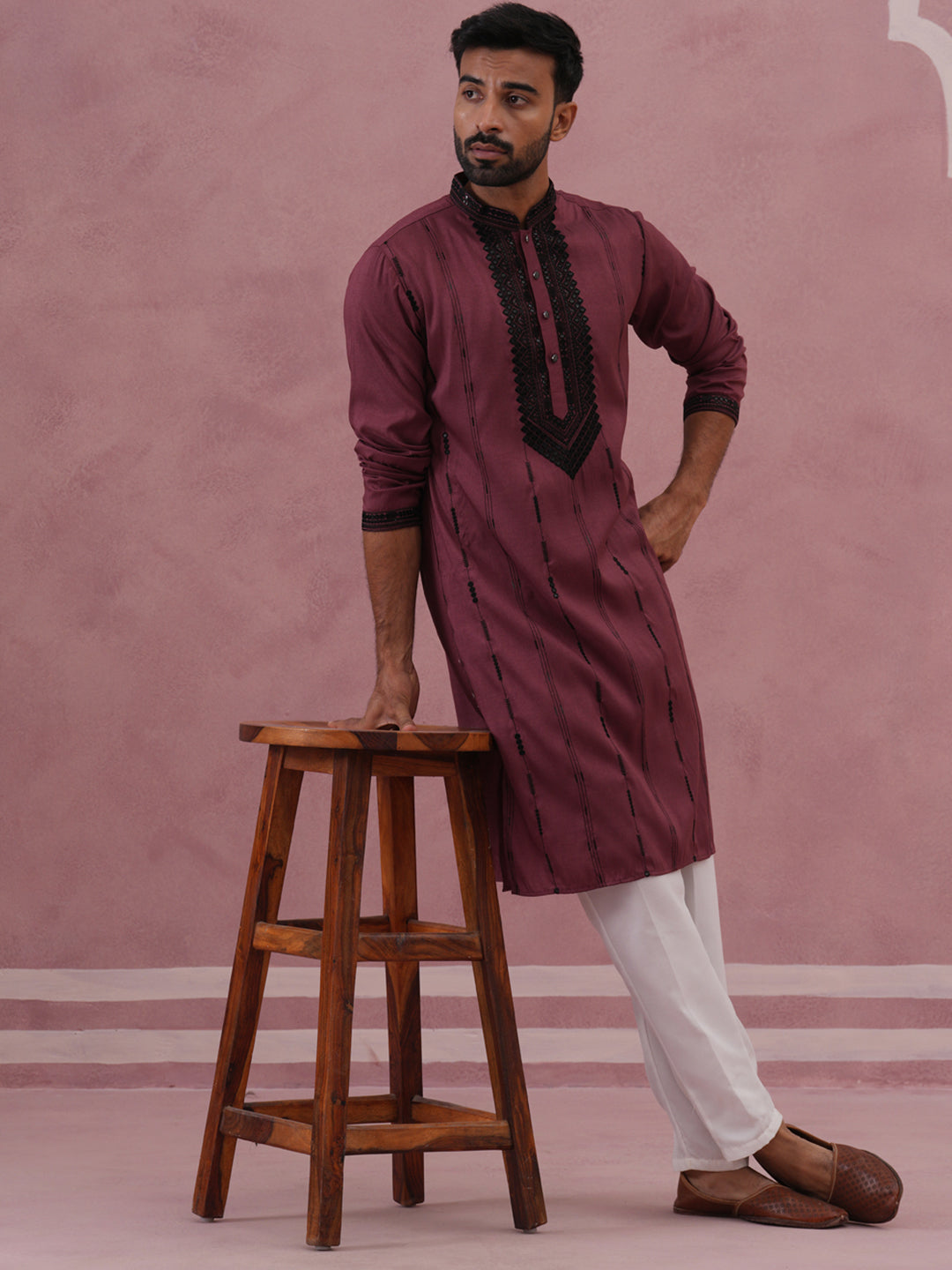 Wine Silk Blend Kurta Set With Black Geometric Embroidery