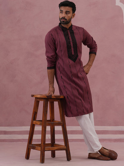 Wine Silk Blend Kurta Set With Black Geometric Embroidery