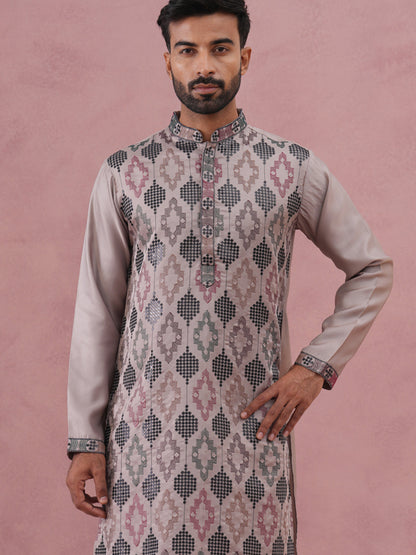 Grey Silk Blend Geometric Embroidered Kurta Set