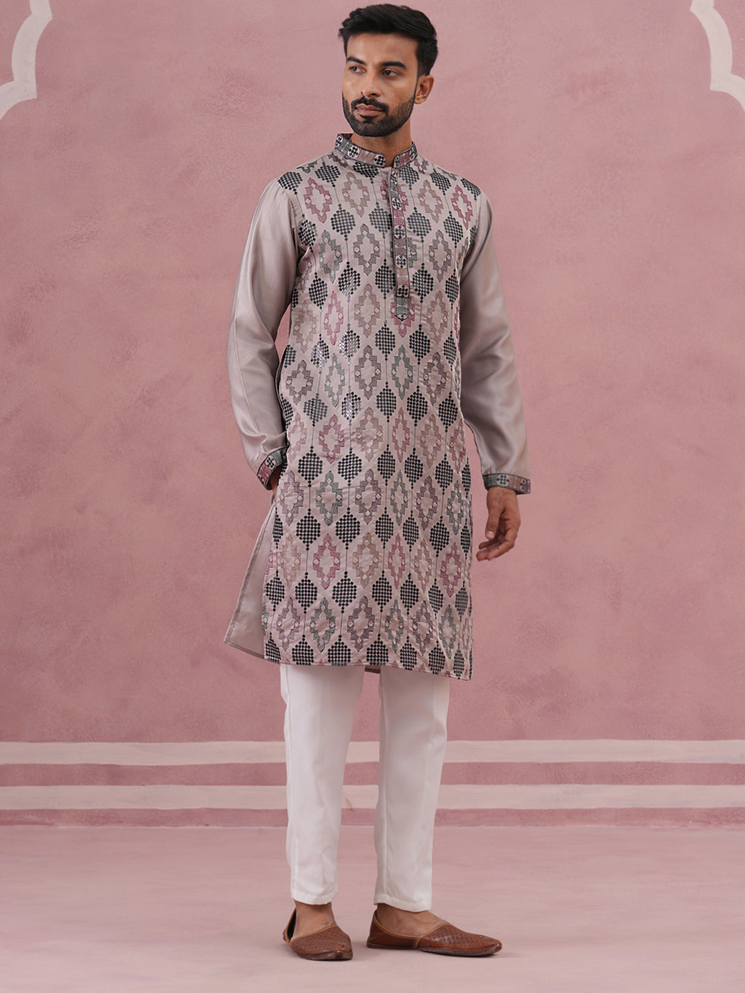 Grey Silk Blend Geometric Embroidered Kurta Set