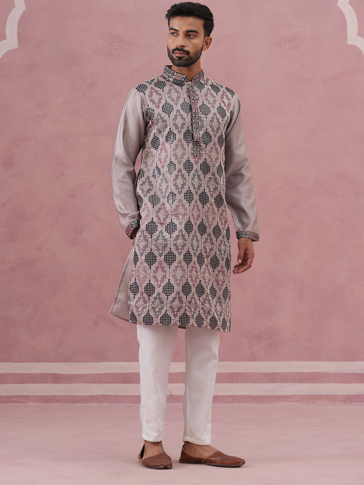 Grey Silk Blend Geometric Embroidered Kurta Set