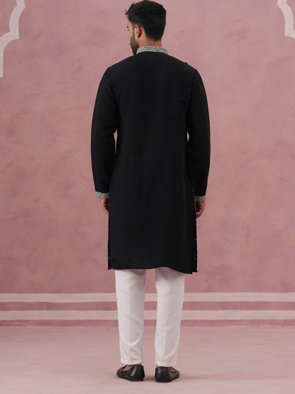 Black Silk Blend Kurta Set With Off White Geometric Embroidery