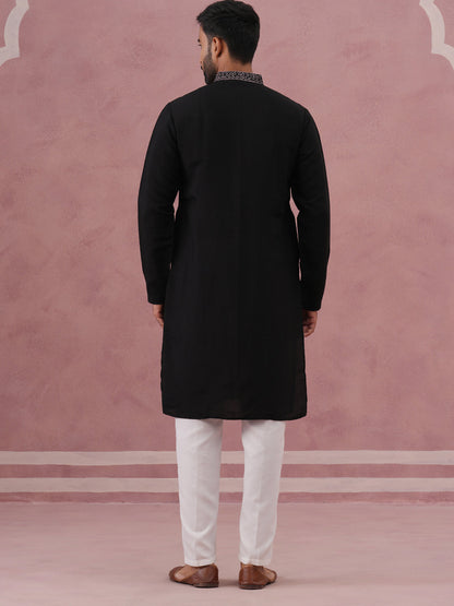 Black Silk Blend Embroidered Kurta Pyjama Set