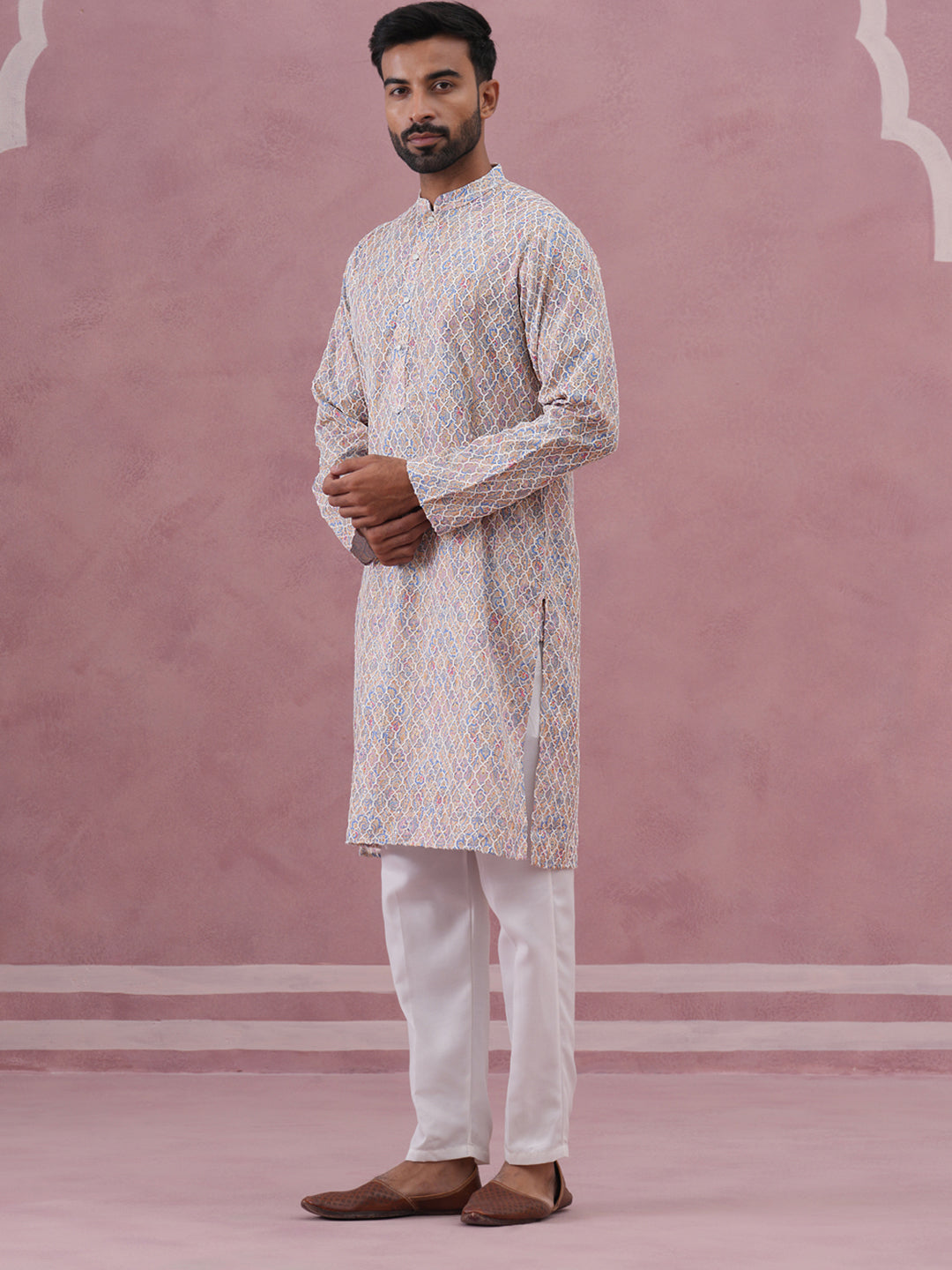 Traditional Cotton Blend Embroidered Kurta Pyjama
