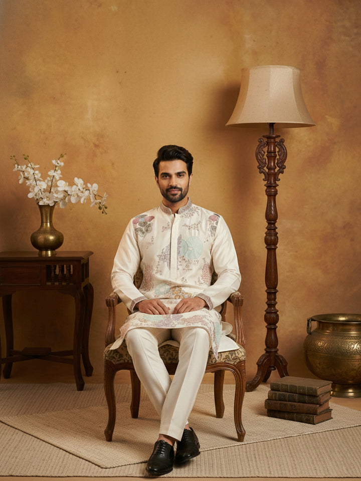 White Silk Blend Embroidered Kurta Pyjama