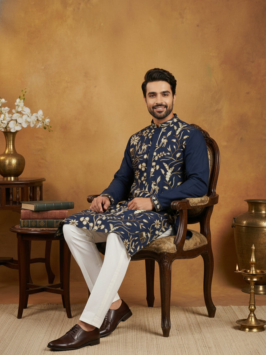 Silk Blend Designer Embroidered Kurta Set