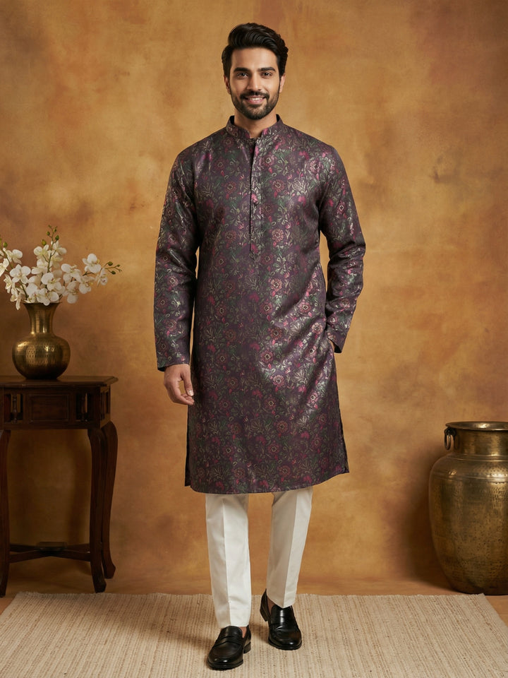 Men Cotton Blend Kurta Pyjama With Foil Print