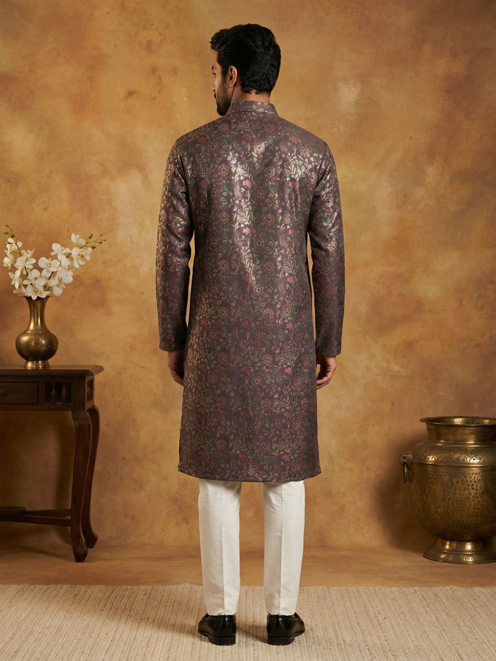 Men Cotton Blend Kurta Pyjama With Foil Print