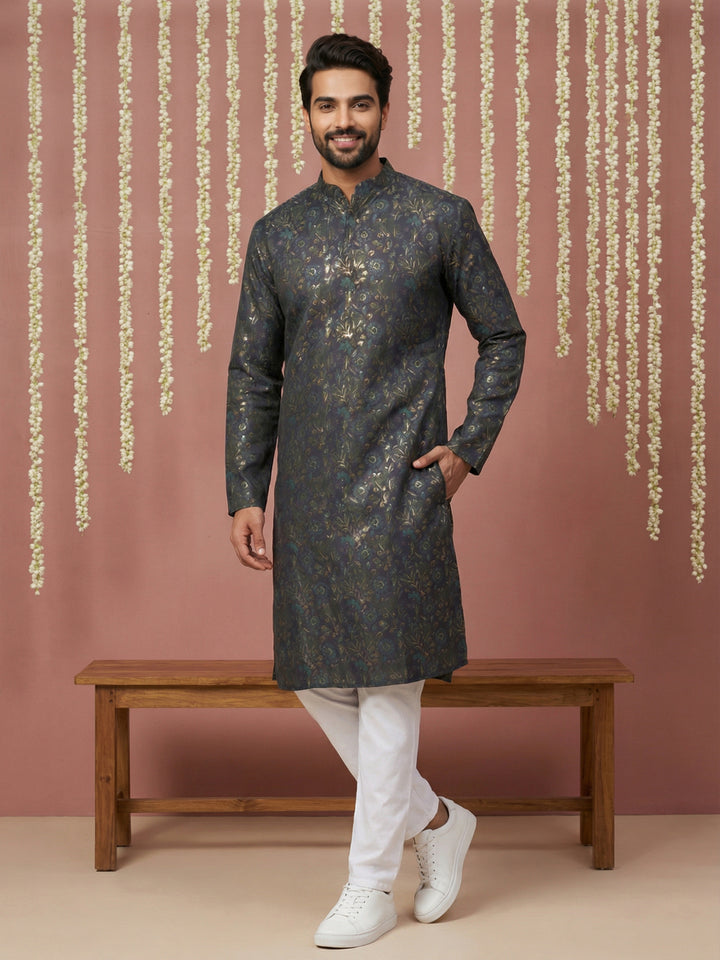 Men Cotton Blend Kurta Pyjama With Foil Print