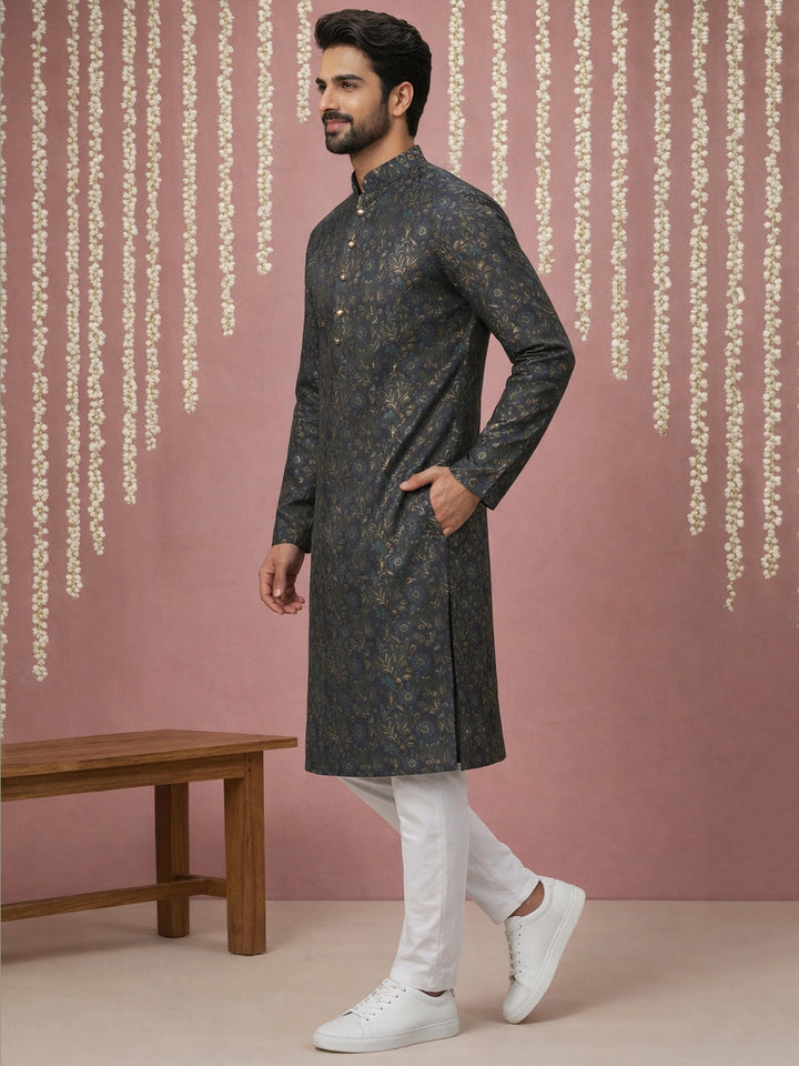 Men Cotton Blend Kurta Pyjama With Foil Print