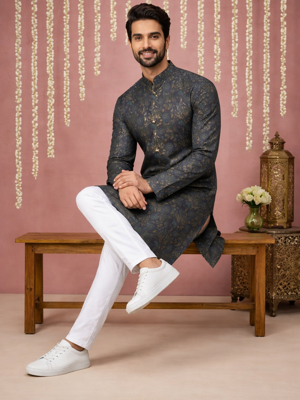 Men Cotton Blend Kurta Pyjama With Foil Print