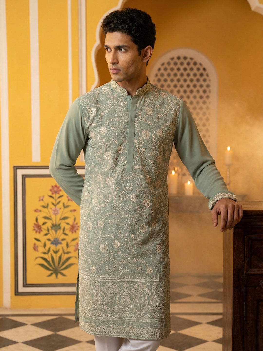Classic Silk Blend Embroidered Kurta Pyjama