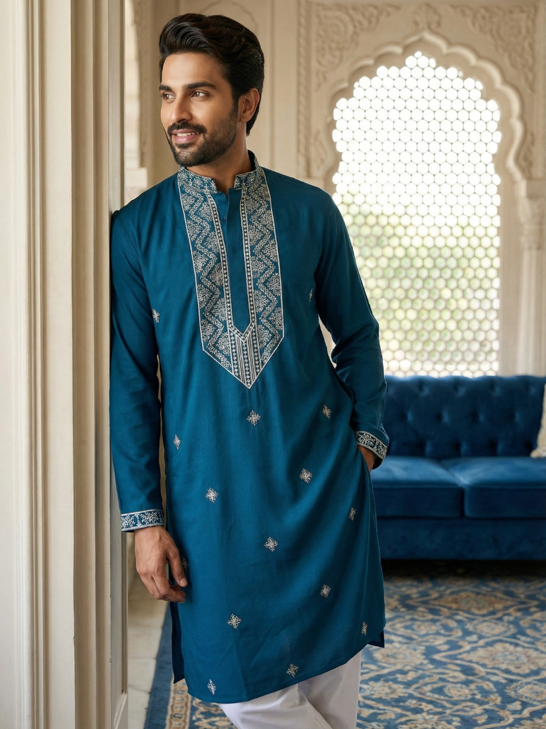 Embroidered Silk Blend Straight Kurta Pyjama