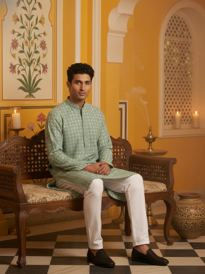 Embroidered Cotton Blend Kurta With Pyjama