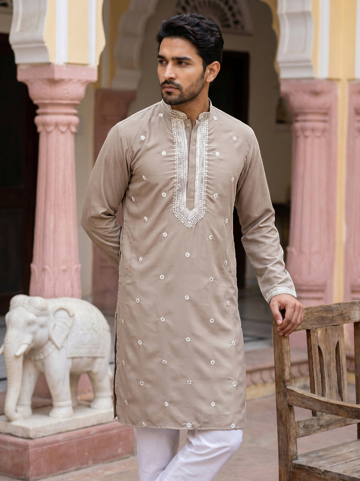 Men Japanese Imported Beige Embroidered Kurta Set