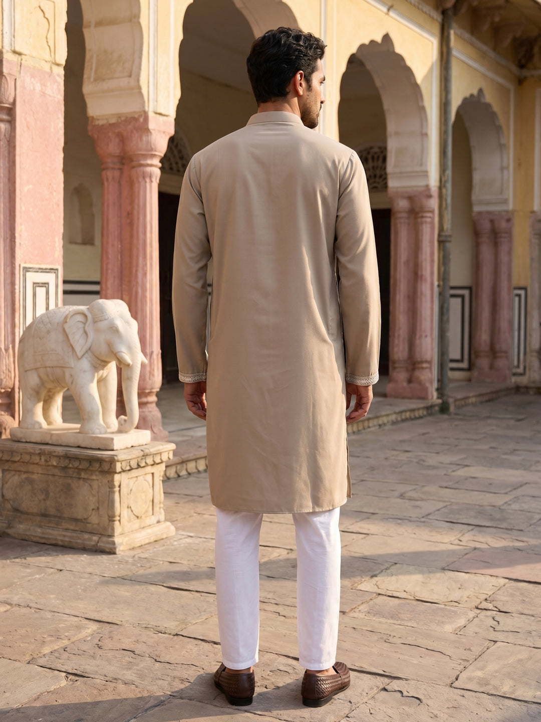Men Japanese Imported Beige Embroidered Kurta Set