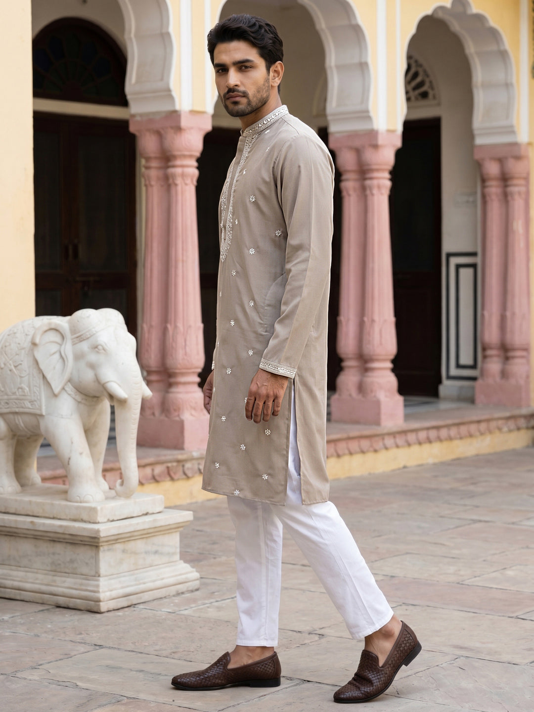 Men Japanese Imported Beige Embroidered Kurta Set