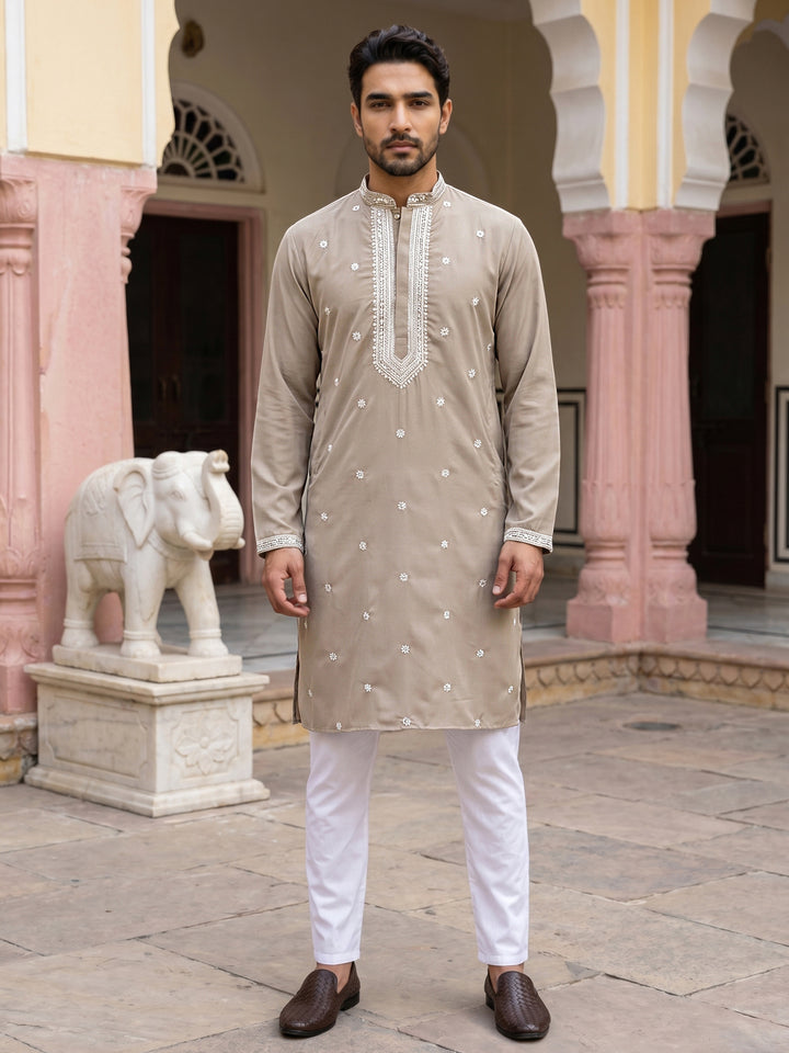 Men Japanese Imported Beige Embroidered Kurta Set