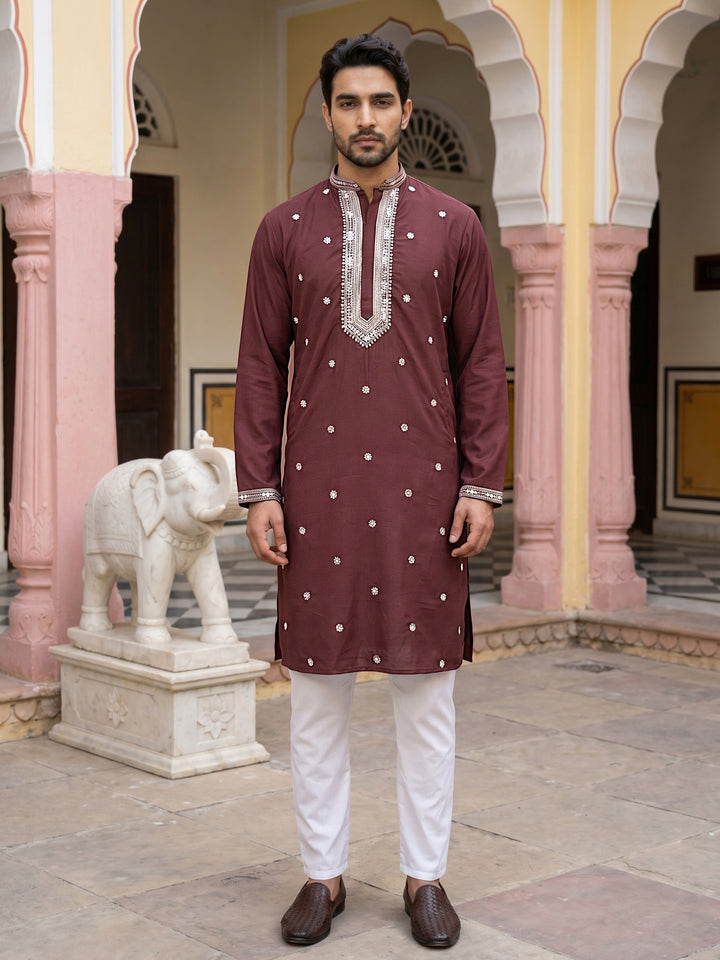 Men Japanese Imported Maroon Embroidered Kurta Set