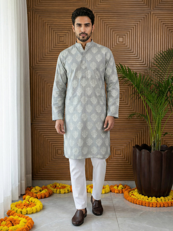 Men’S Cotton Blend Ethnic Printed Kurta Set