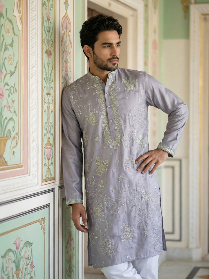 Embroidered Silk Blend Traditional Kurta Set
