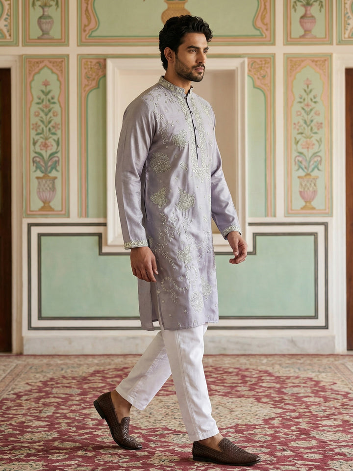 Embroidered Silk Blend Traditional Kurta Set