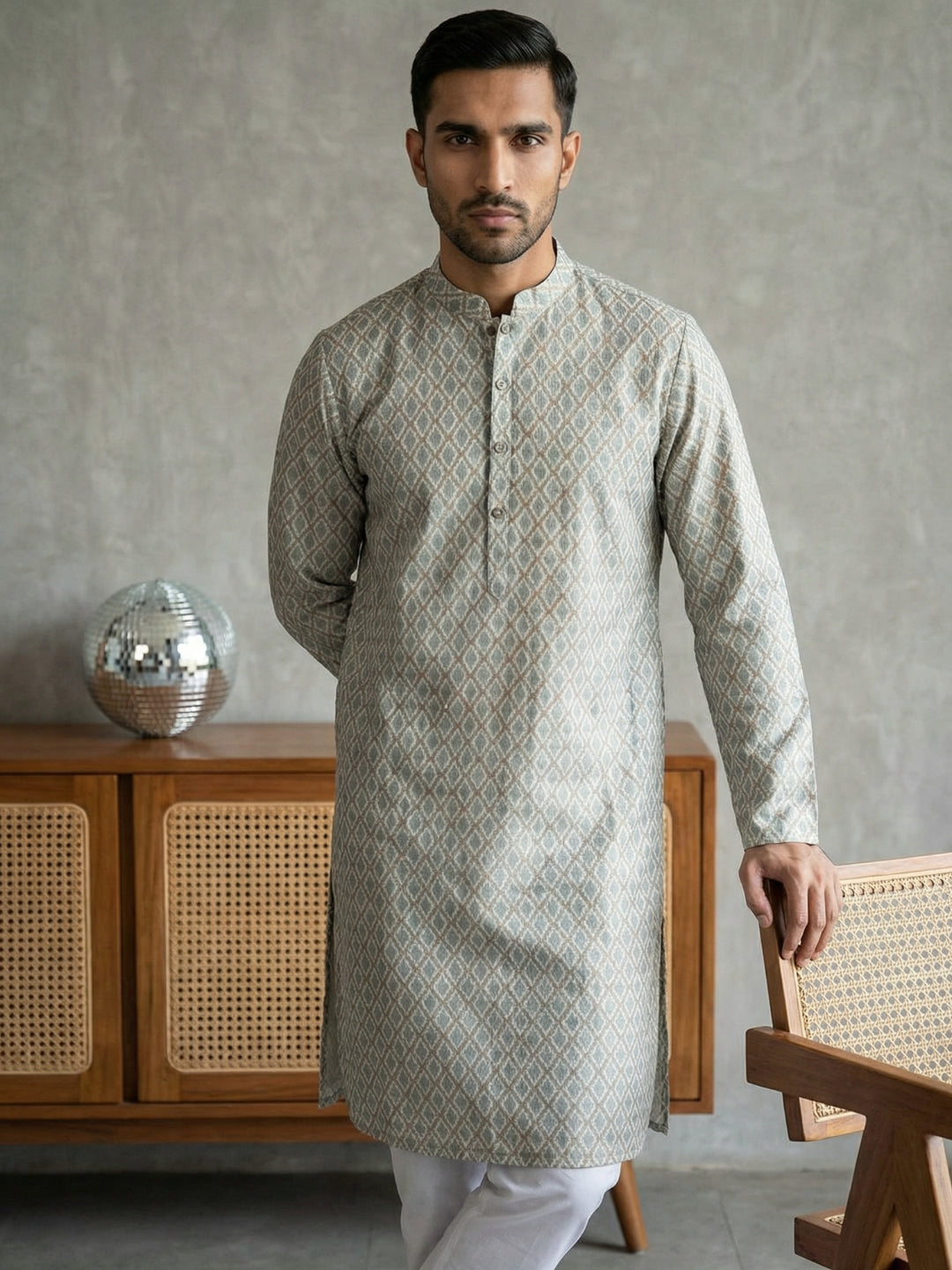 Foil Printed Cotton Blend Kurta Pyjama Set