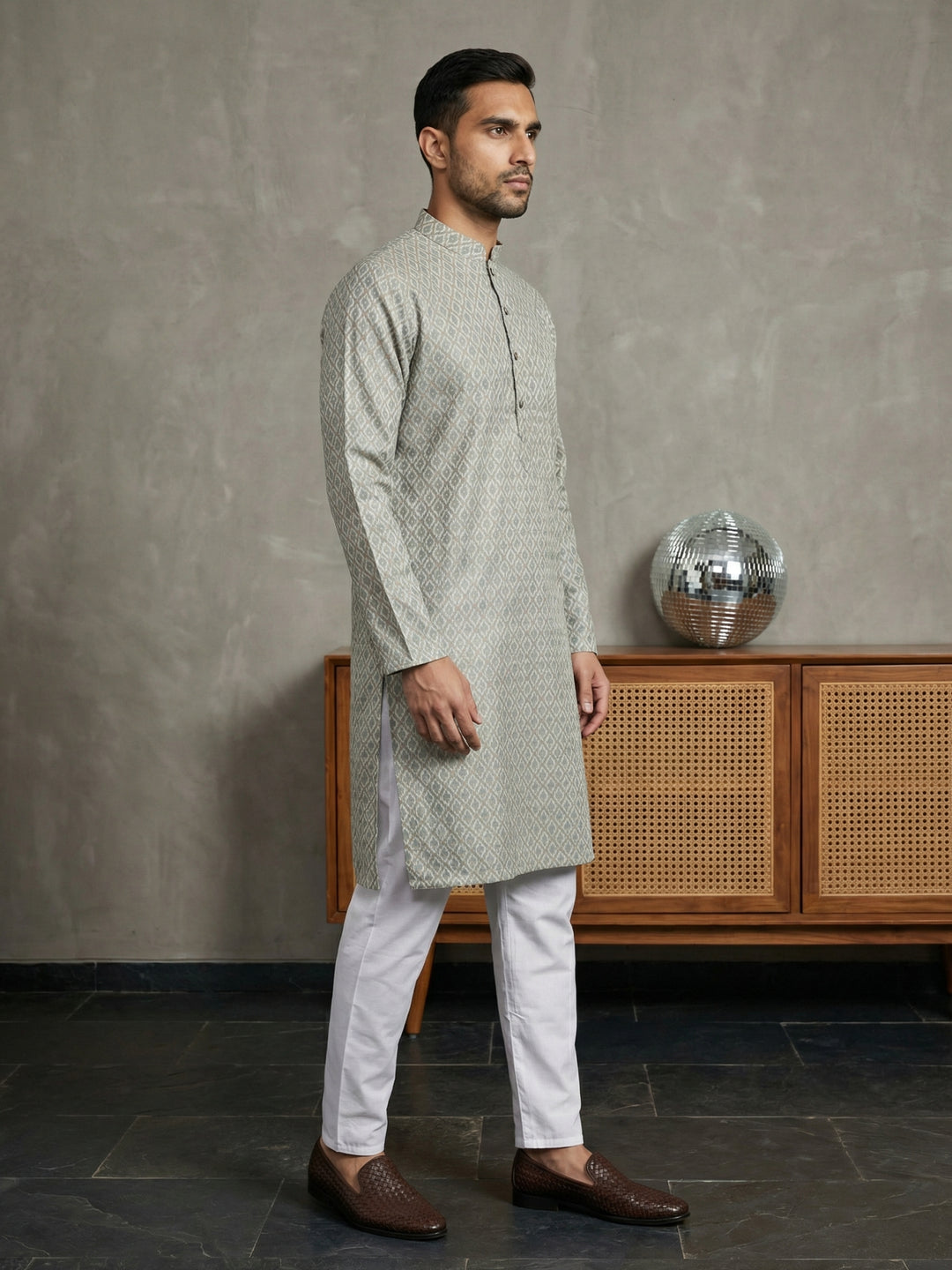 Foil Printed Cotton Blend Kurta Pyjama Set