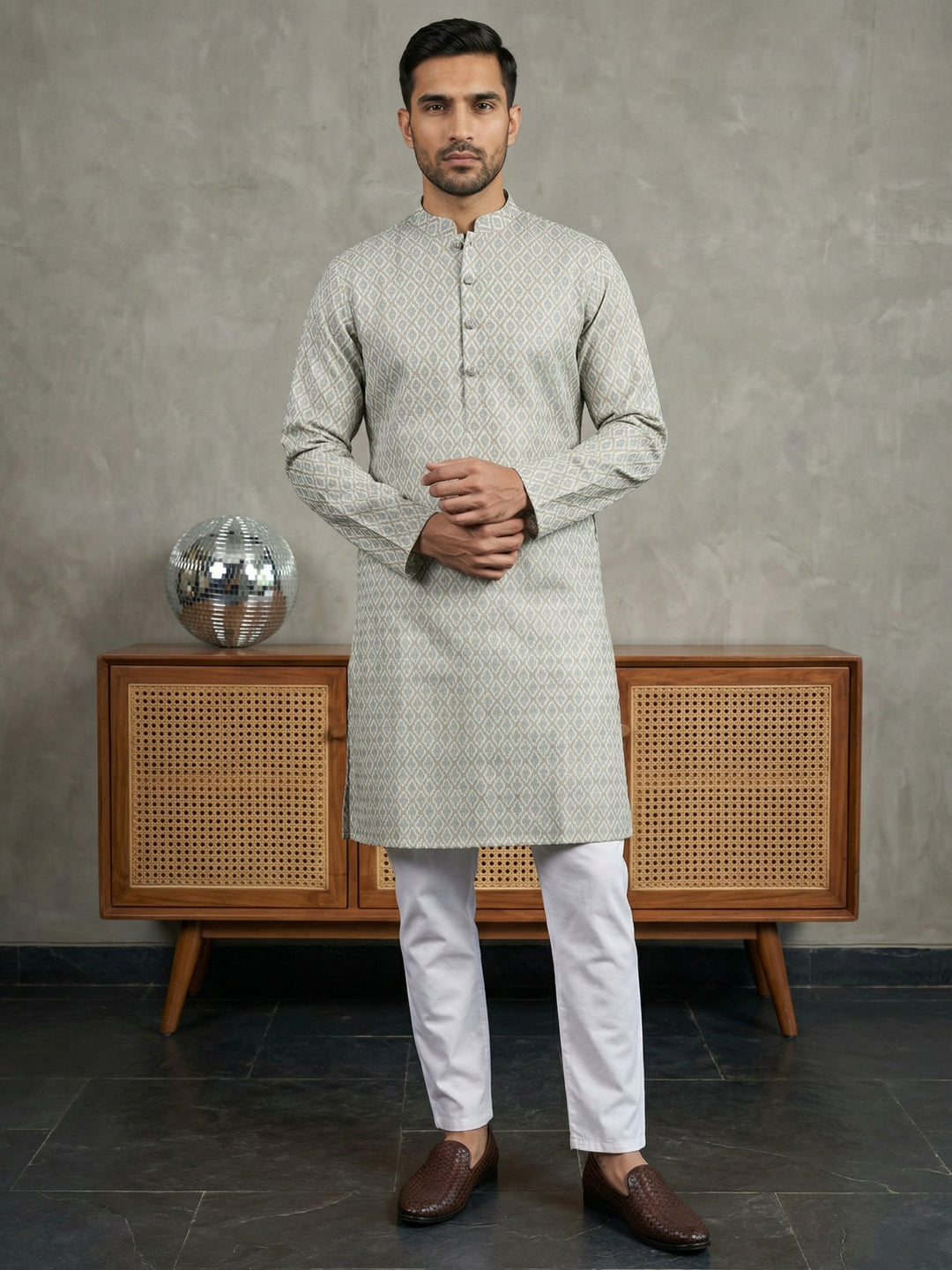 Foil Printed Cotton Blend Kurta Pyjama Set