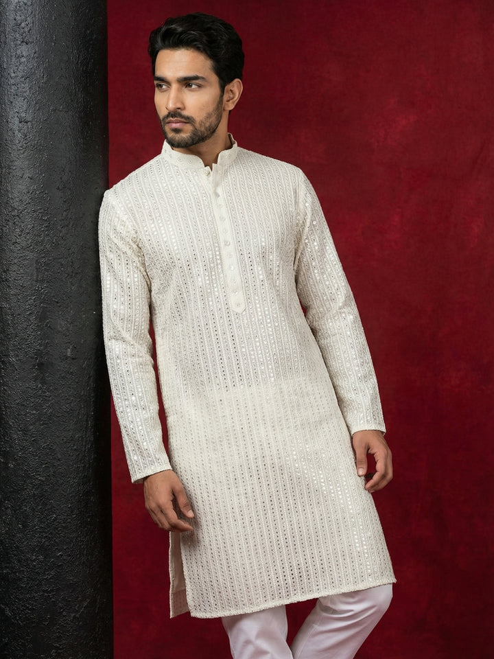 Ivory Sequins Embroidered Kurta Pyjama Set