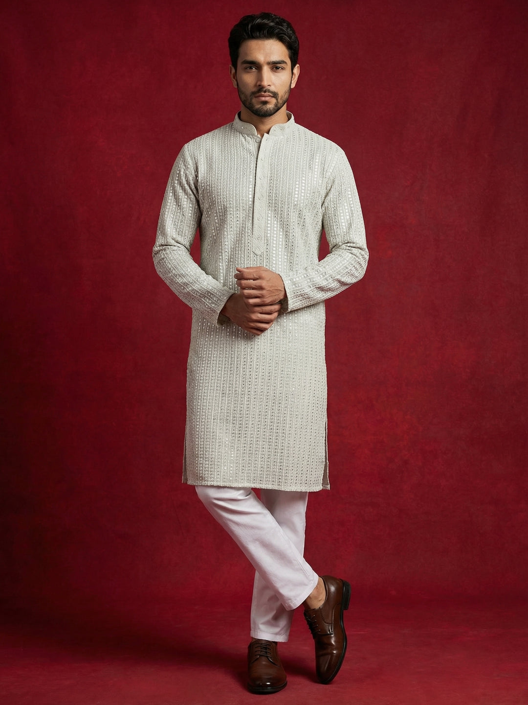 Ivory Sequins Embroidered Kurta Pyjama Set