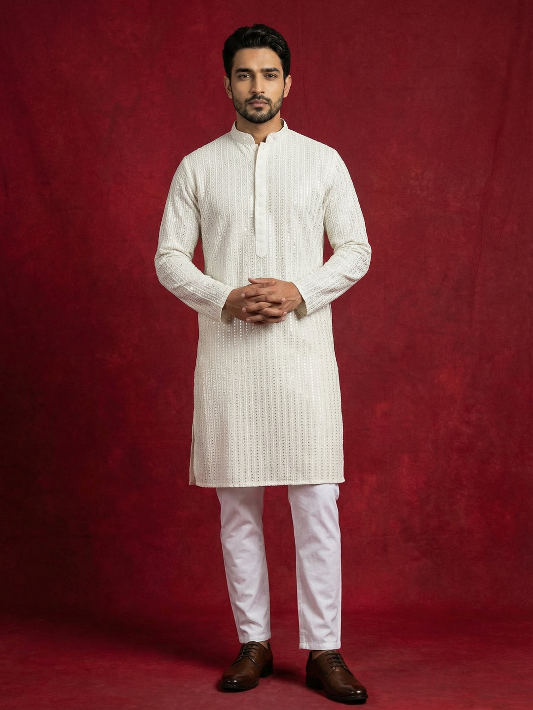 Ivory Sequins Embroidered Kurta Pyjama Set