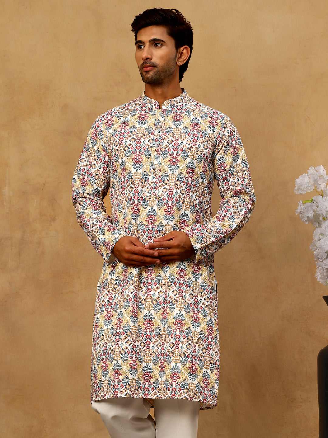 Men’S Printed &amp; Embroidered Kurta Set