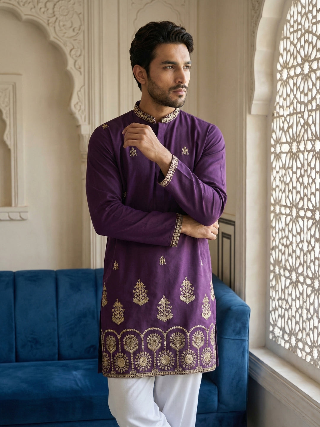 Men’S Classic Kurta Set With Rich Hemline Embroidery