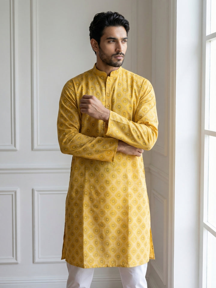Men’S Printed Cotton Blend Kurta Set