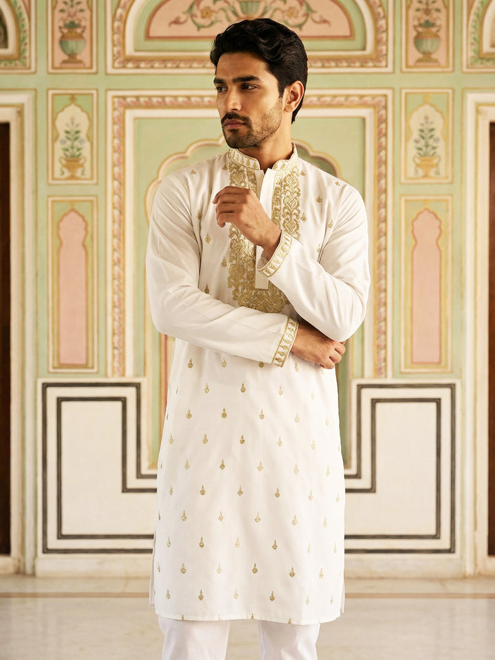 Men’S Cotton Blend Embroidered Kurta Set