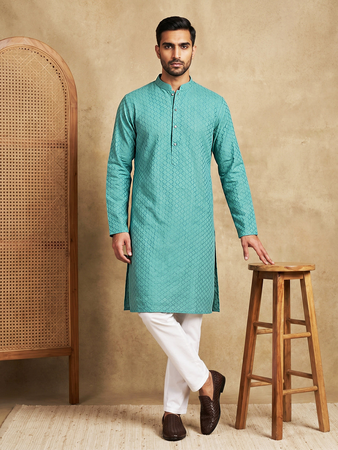 Men’S Cotton Blend Woven Design Kurta Pyjama Set