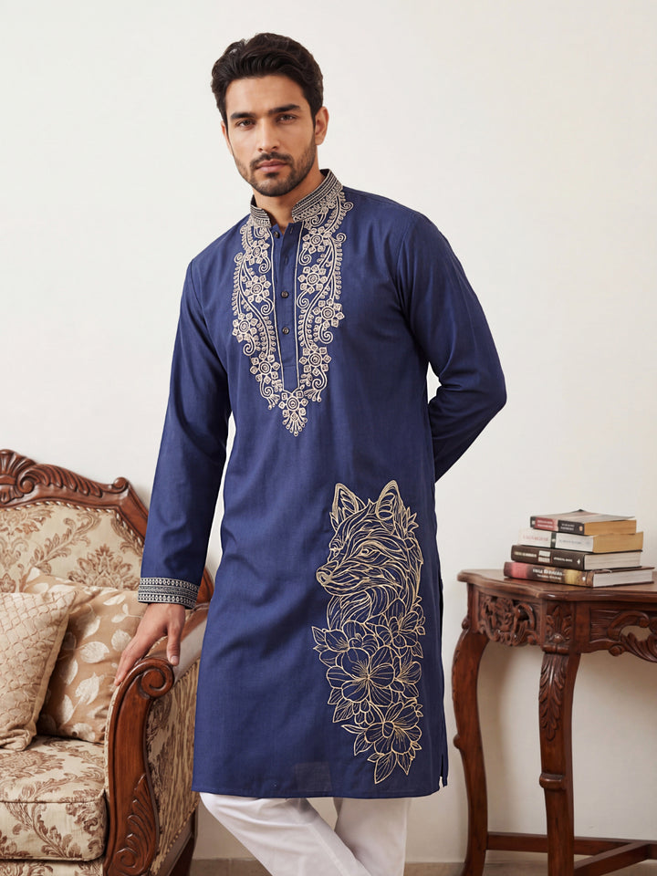 Navy Blue Japanese Embroidered Kurta Pyjama Set