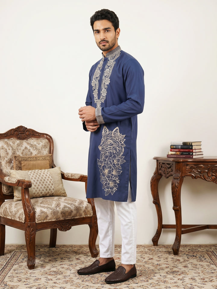 Navy Blue Japanese Embroidered Kurta Pyjama Set