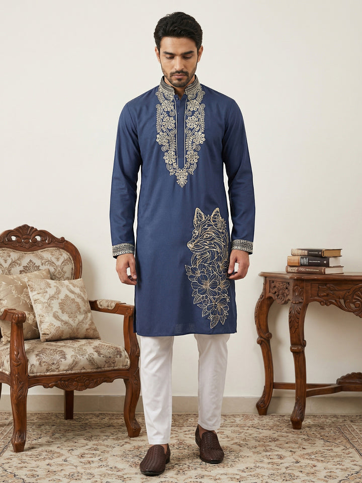 Navy Blue Japanese Embroidered Kurta Pyjama Set