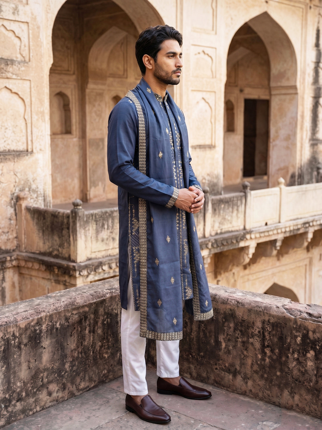 Men’S Embroidered Kurta Pyjama With Dupatta Set